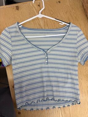 American Eagle Outfitters Striped Ribbed Henley Crop Top - Blue & White